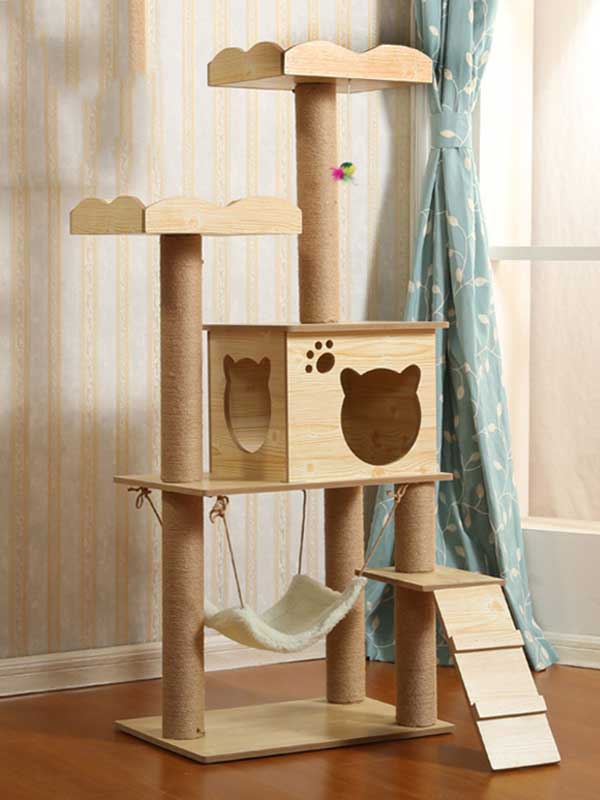 MDF plataforma dupla árvore para gatos rede para sala de gatos estrutura de escalada para gatos 06-1157 www.petgoodsfactory.com