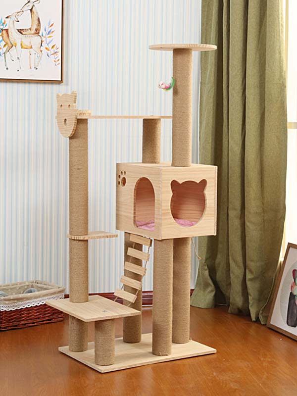 Torre de escalada para gatos, coluna de corda de cânhamo de pinho, escada, casa de gato 06-1164 www.petgoodsfactory.com