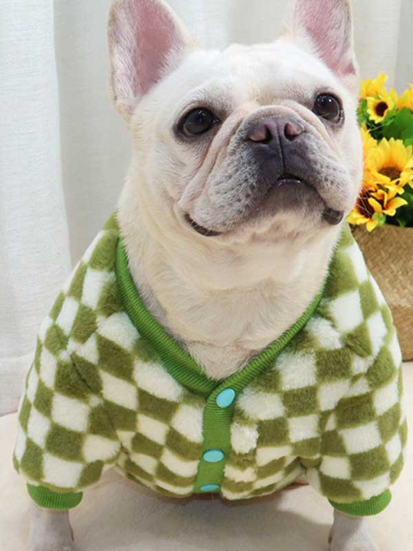 GMTPET Green and white checkerboard fat dog bulldog pug dog French fighting winter clothes plus velvet thick cardigan plush sweater 107-222039 www.petgoodsfactory.com