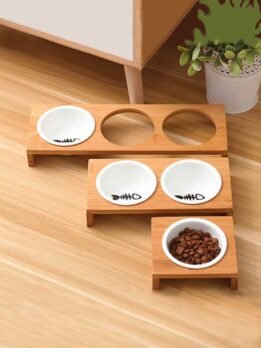 Wholesale Ceramic Bamboo Cat Bowl Dog Cat Food Double Bowl